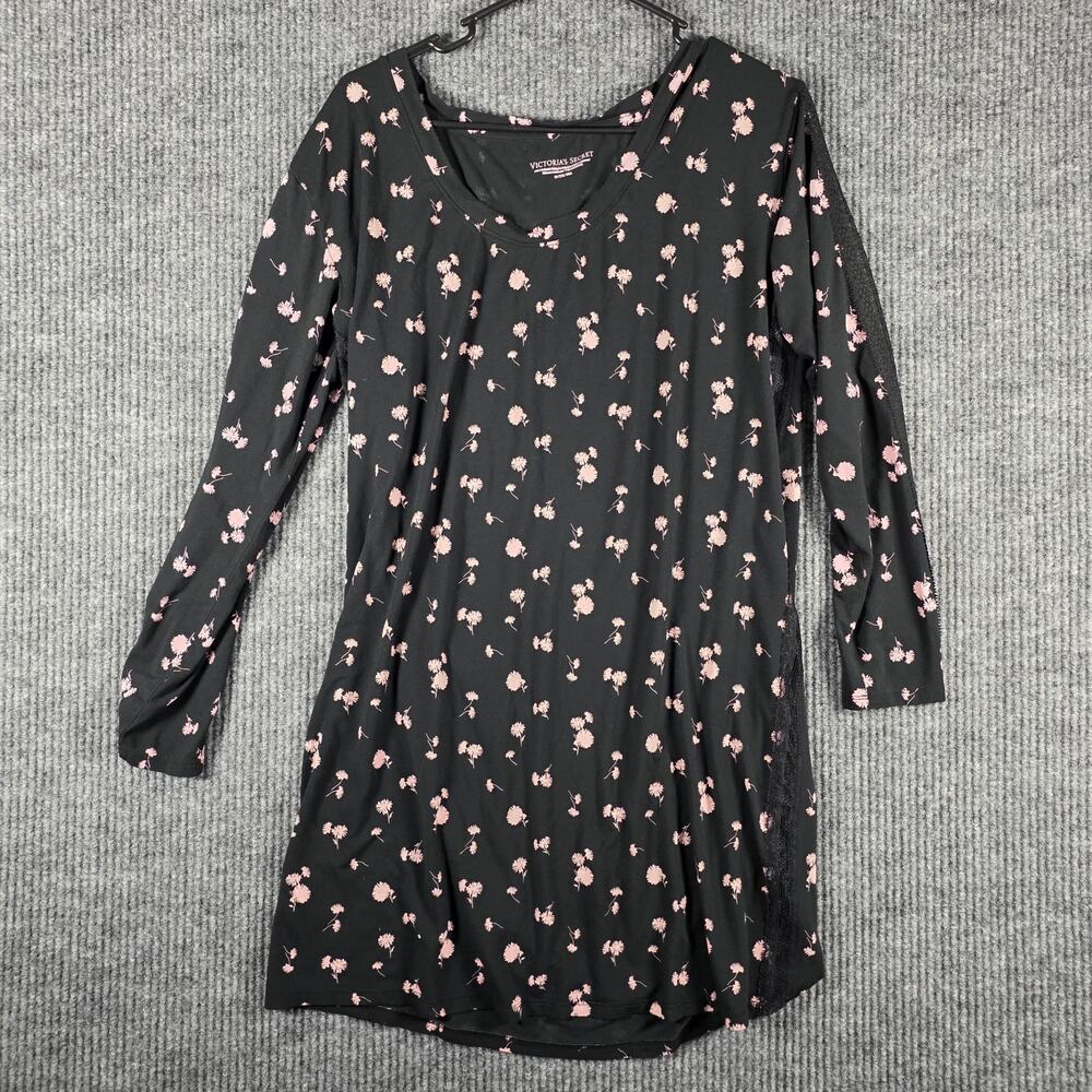 Victoria’s Secret Floral Sleep Shirt Nightgown Lace Trim Black Pink M